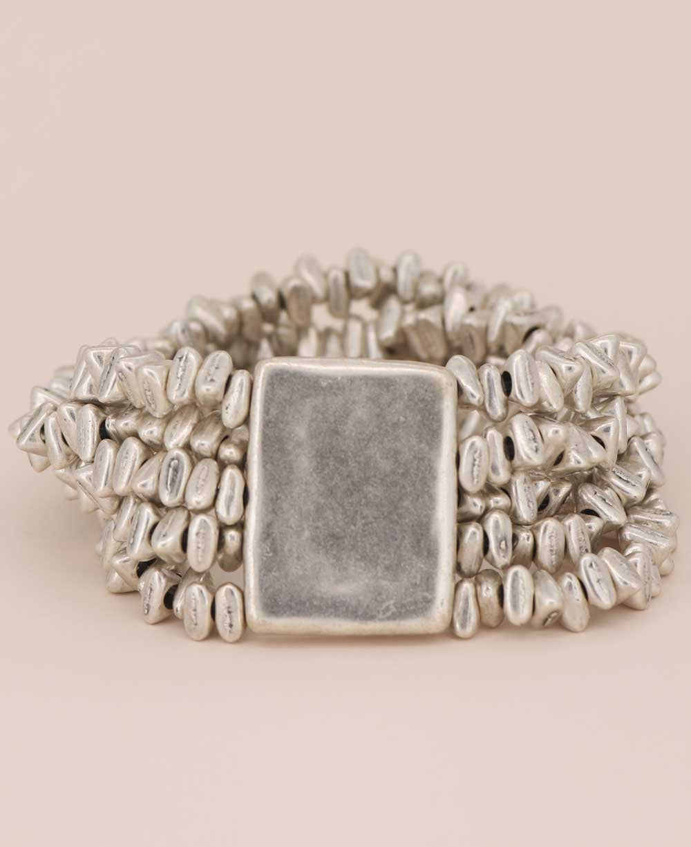 Pebble Bead Stretch Bracelet with Rectangular Plate