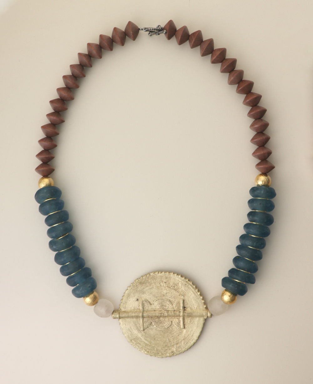 Hammered Brass Medallion Necklace, Teal Glass Discs
