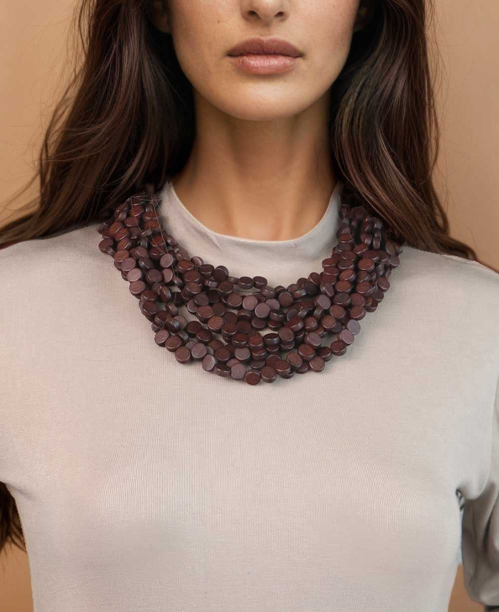 Twisted Multi-Strand Wood Disc Necklace in Deep Brown
