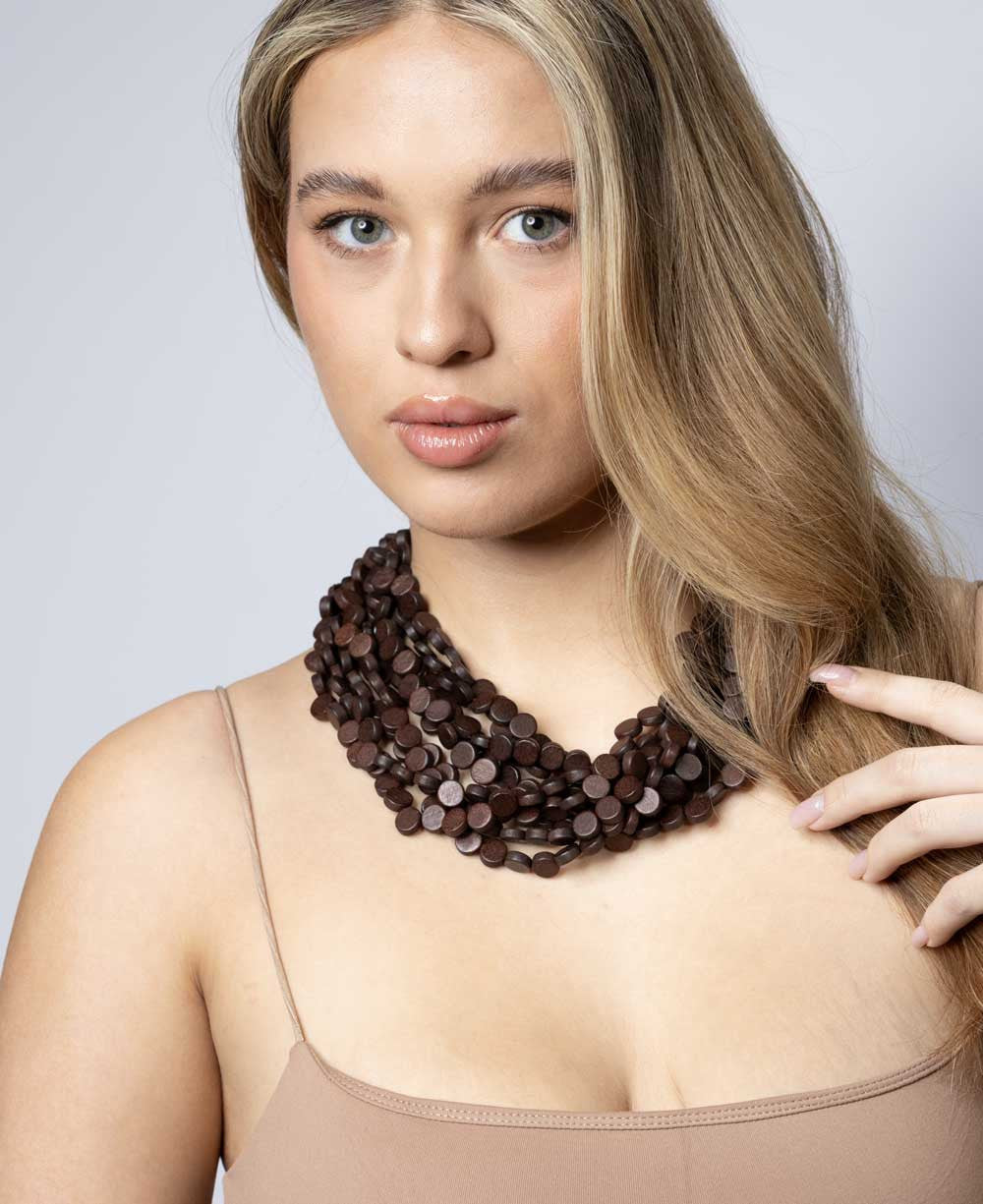Twisted Multi-Strand Wood Disc Necklace in Deep Brown