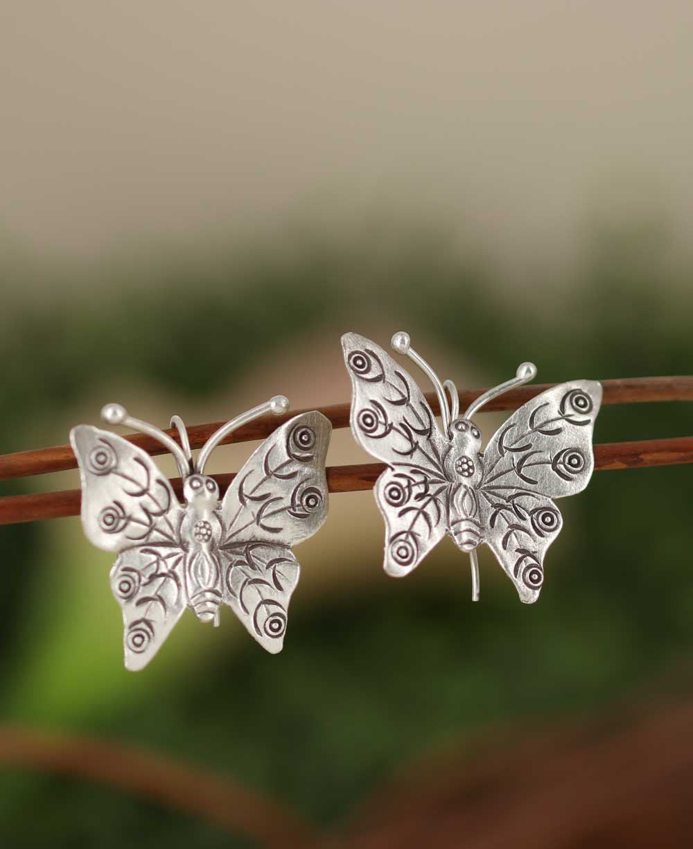 Stamped Silver Butterfly Earrings