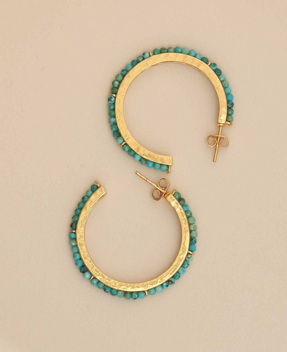 Hammered Gold Hoops with Turquoise Bead Trim