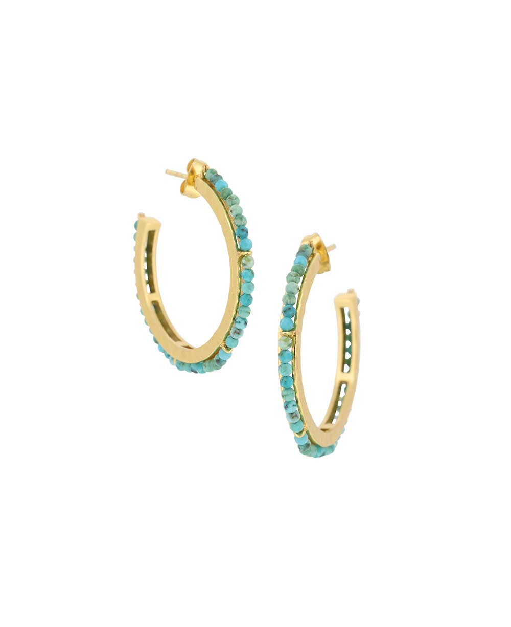 Hammered Gold Hoops with Turquoise Bead Trim