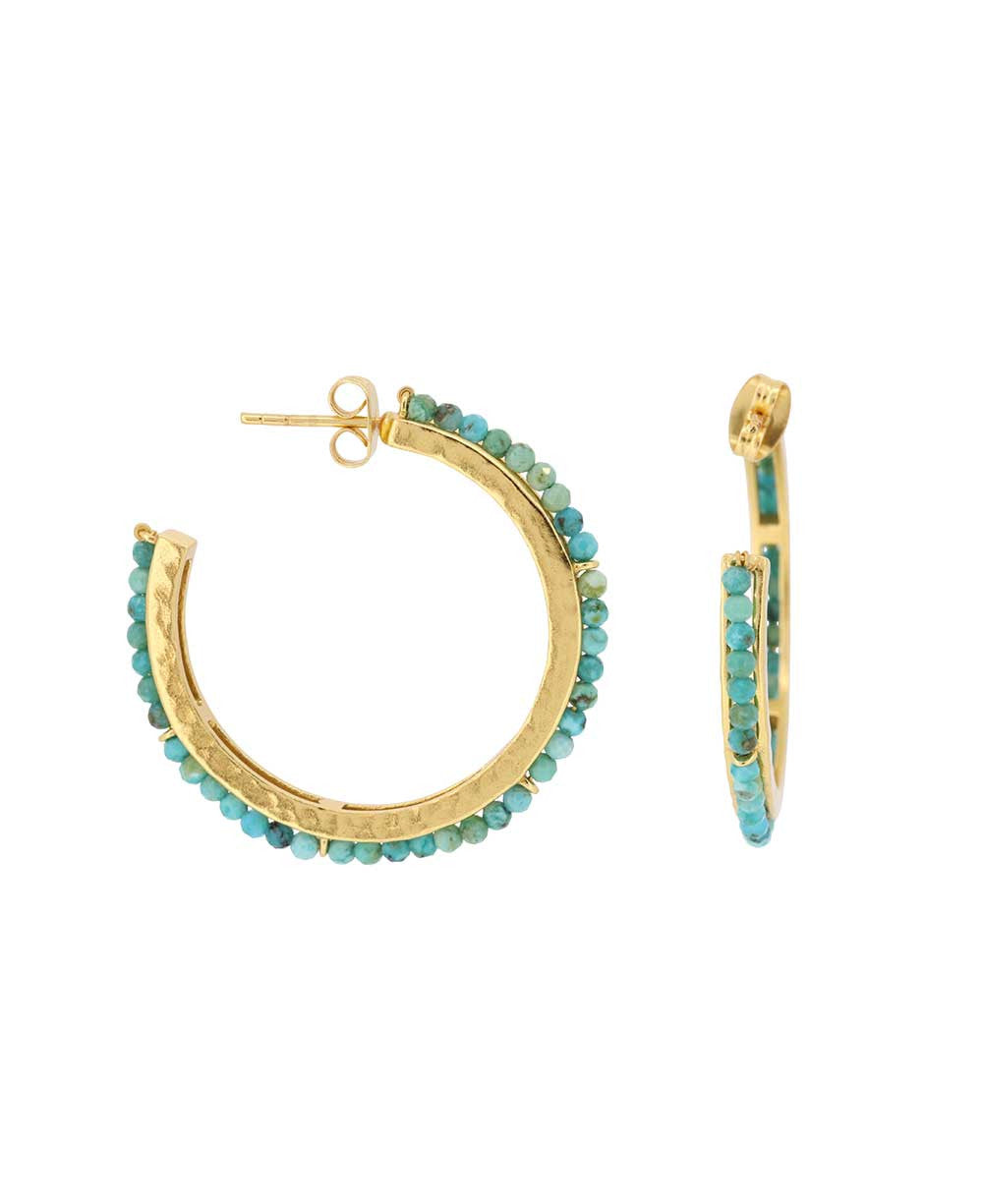 Hammered Gold Hoops with Turquoise Bead Trim