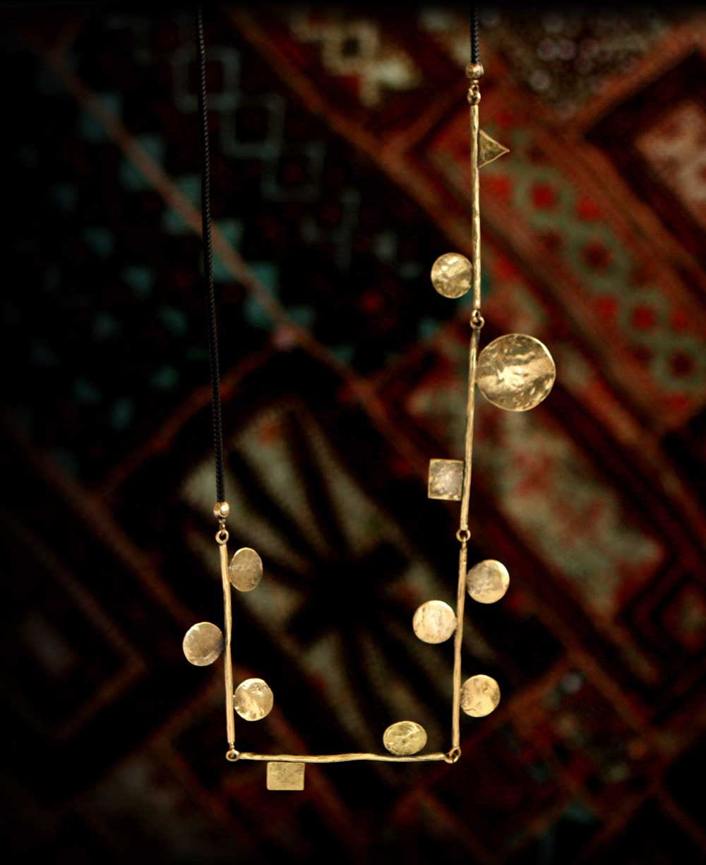 Bronze Bar Frame Necklace with Scattered Hammered Discs