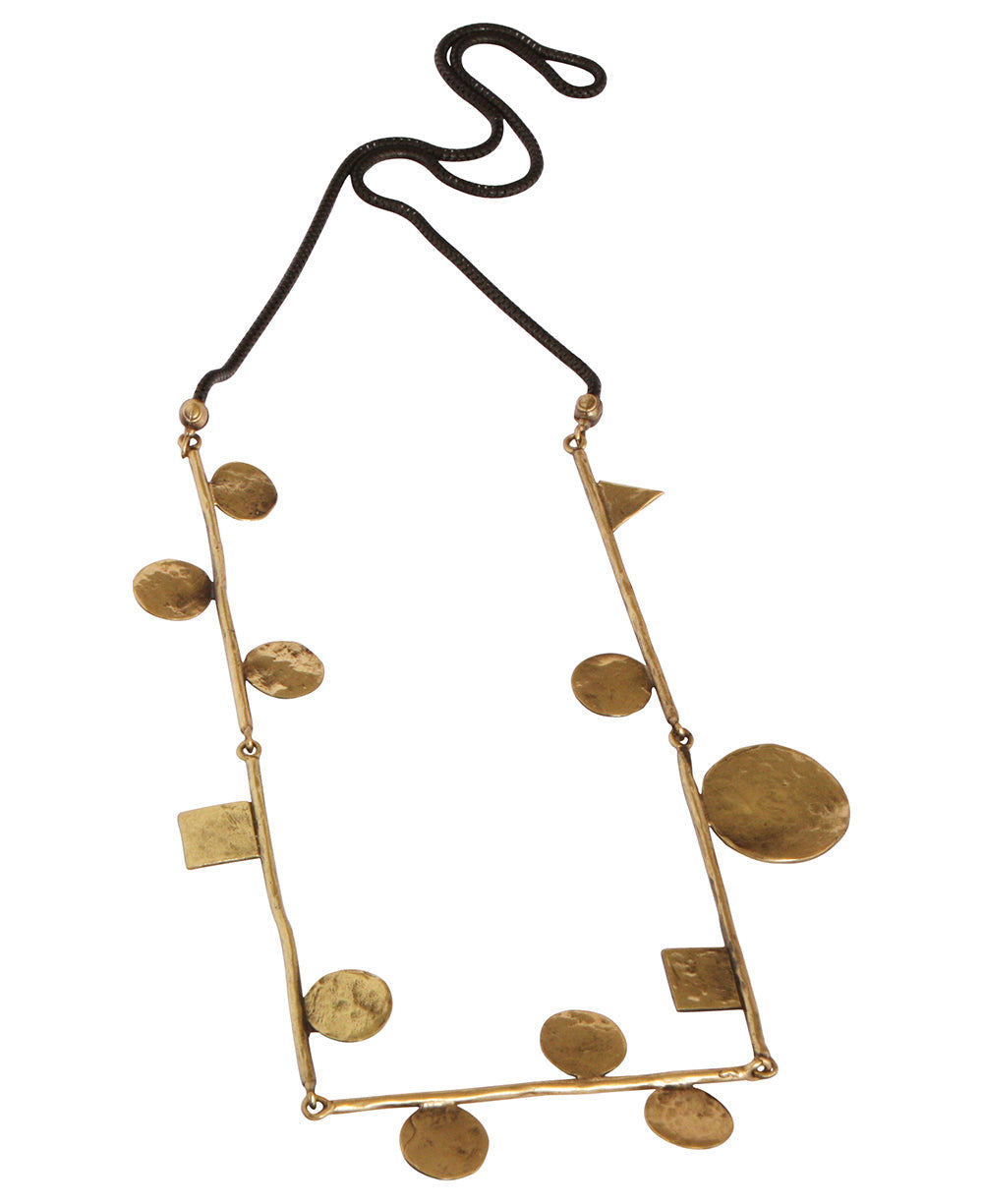 Bronze Bar Frame Necklace with Scattered Hammered Discs