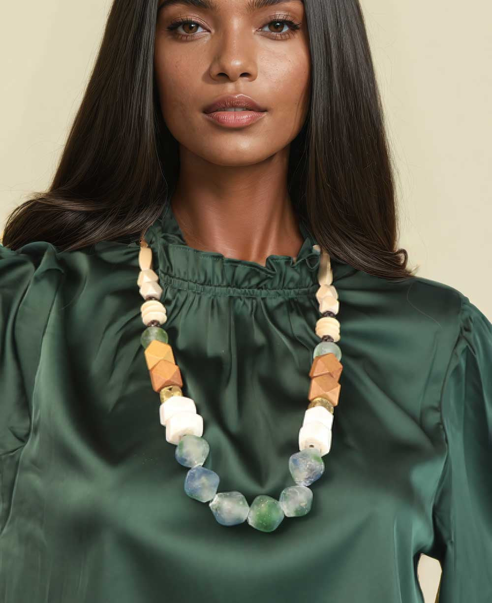 Sea Glass and Wood Beaded Necklace