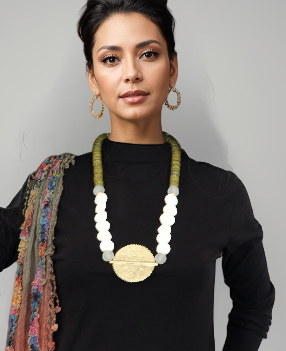 Brass Disc Necklace with Green and White Beaded Collar
