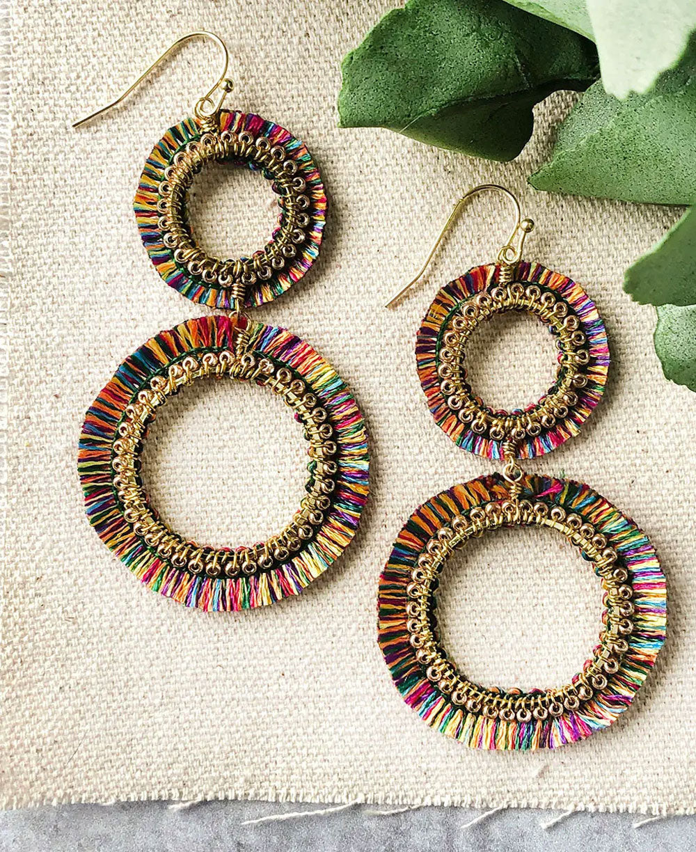 Rainbow-Thread Double Hoop Earrings, Gold-Bead Trim