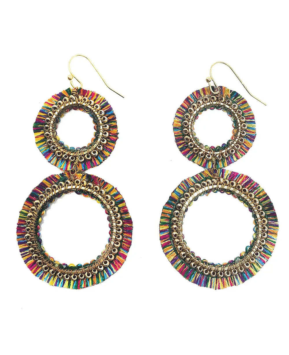 Rainbow-Thread Double Hoop Earrings, Gold-Bead Trim