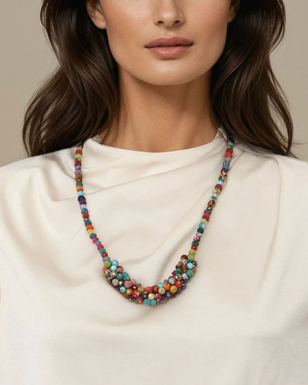Multicolor Bead Cluster Collar in Fabric and Gemstone
