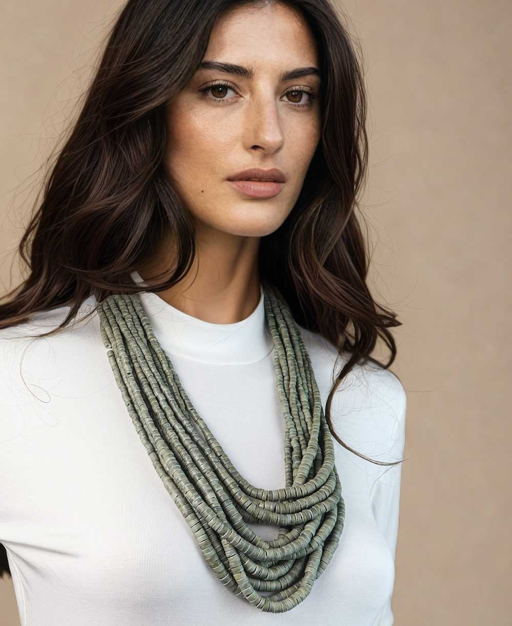 Multi-Strand Coconut Disc Necklace in Sage