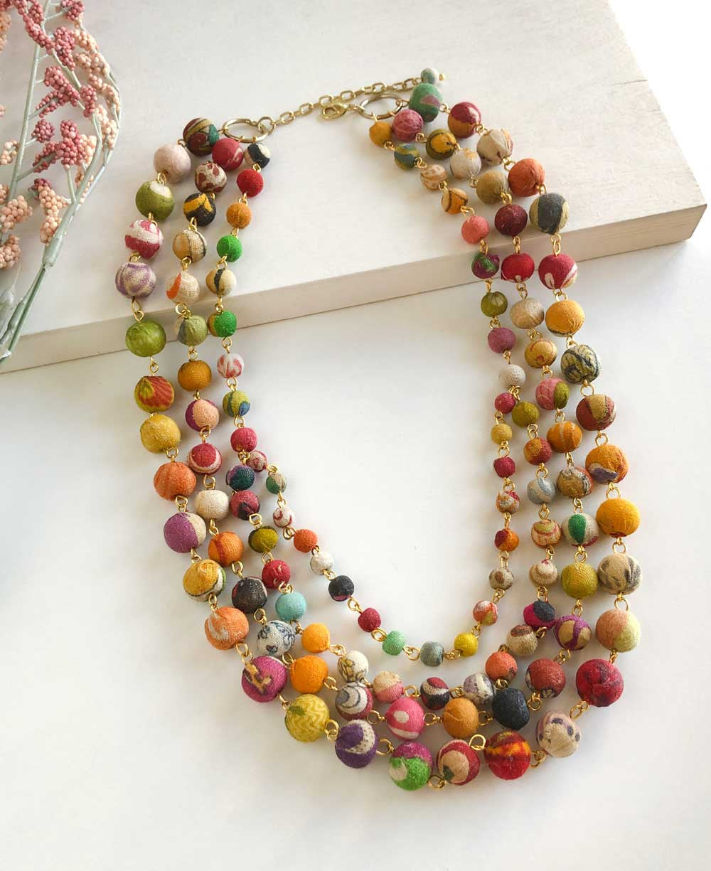 Four-Strand Fabric-Wrapped Bead Necklace