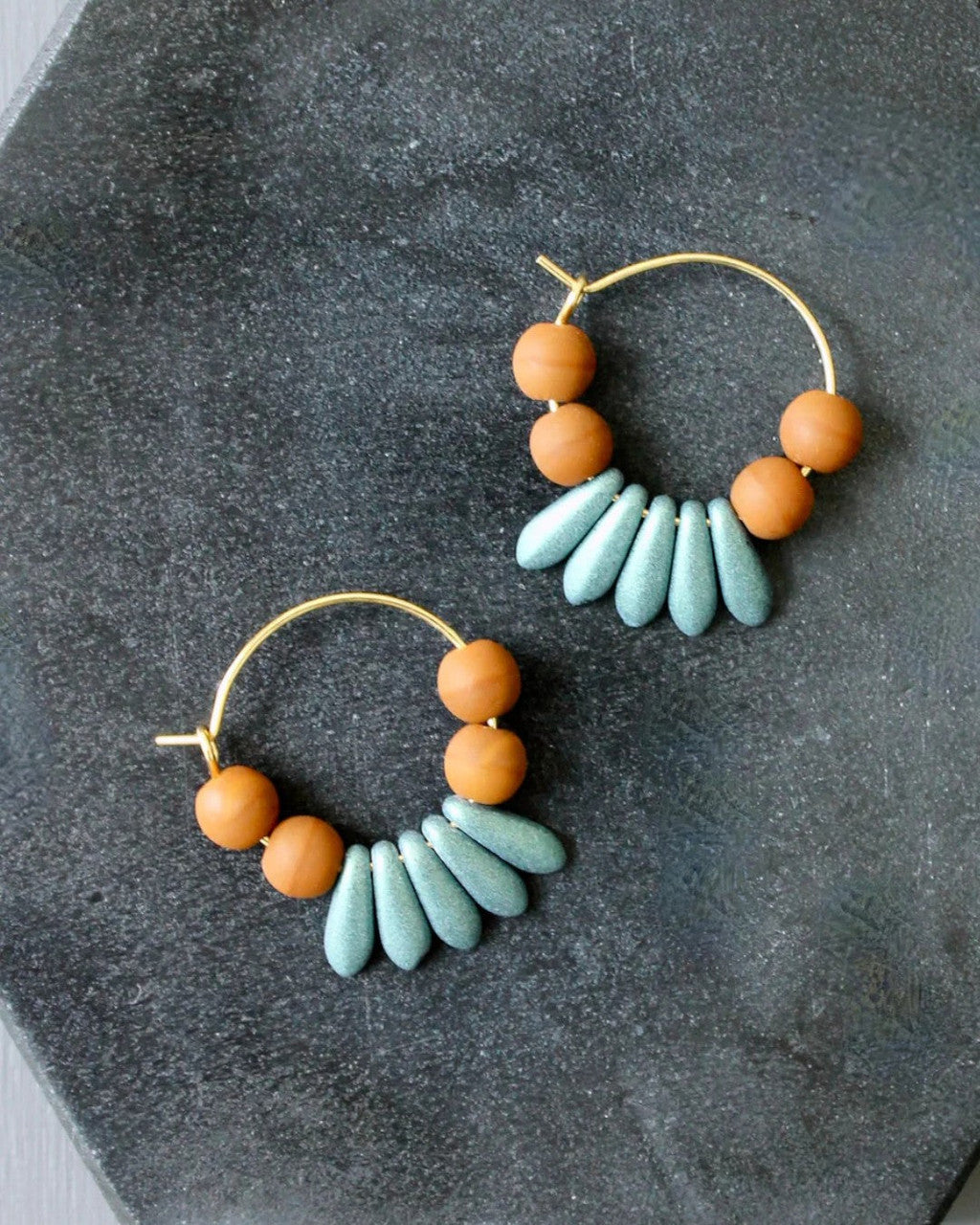 Terracotta and Teal Beaded Hoop Earrings