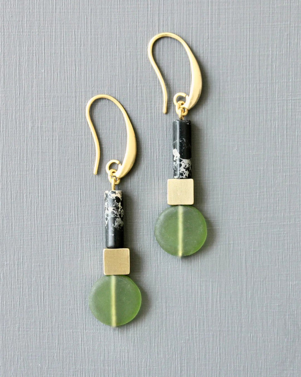 Cylinder, Cube and Disc Drop Earrings in Black, Brass and Olivine
