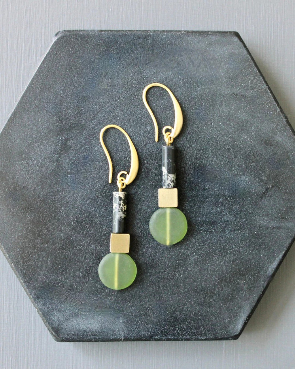 Cylinder, Cube and Disc Drop Earrings in Black, Brass and Olivine