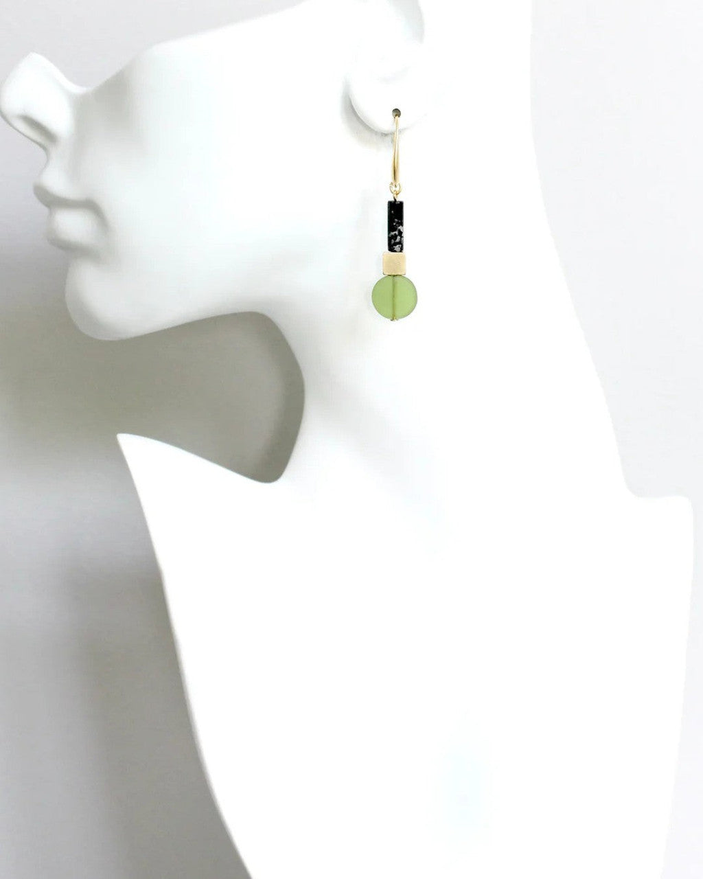 Cylinder, Cube and Disc Drop Earrings in Black, Brass and Olivine