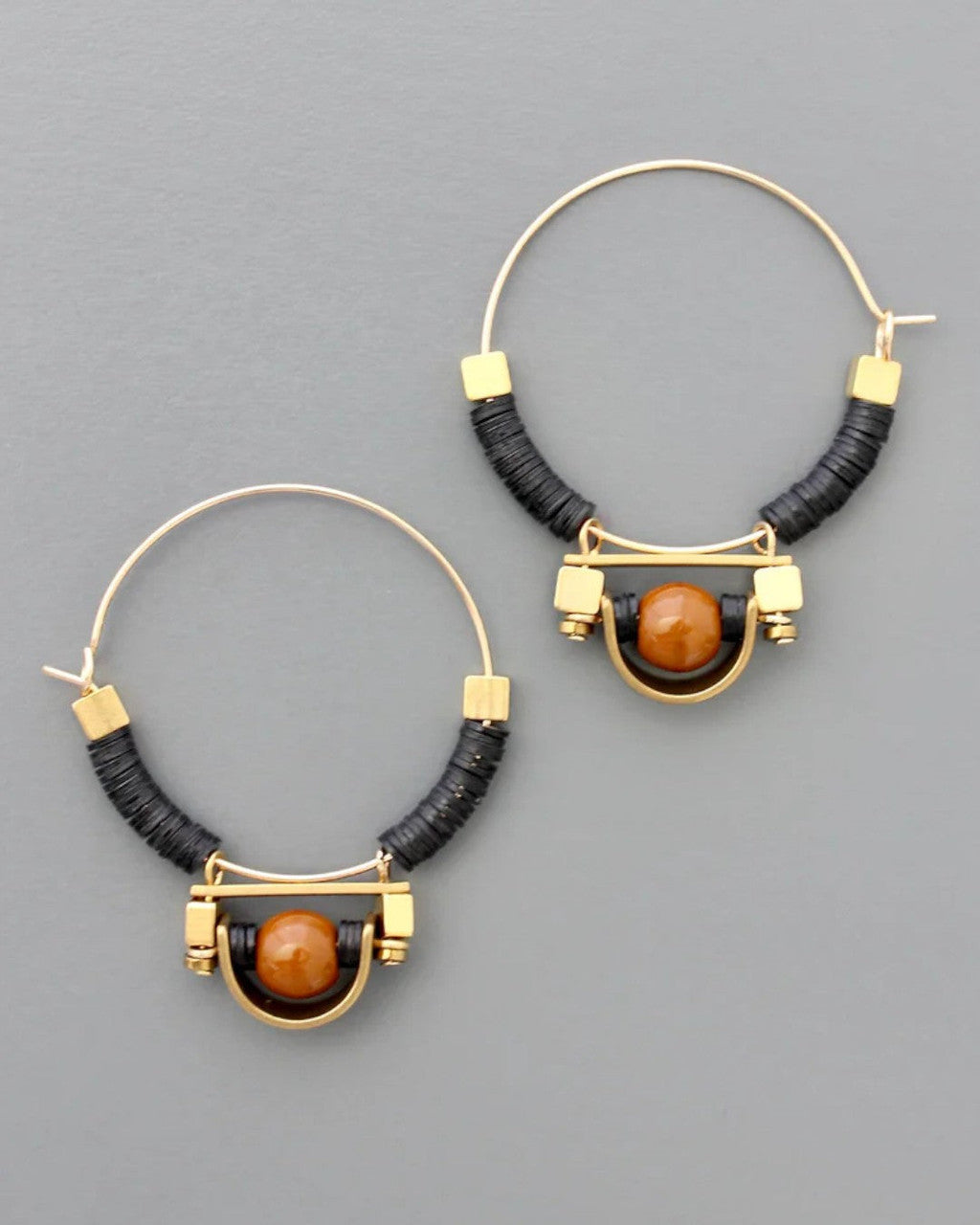 Black Disc & Amber Glass Hoop Earrings