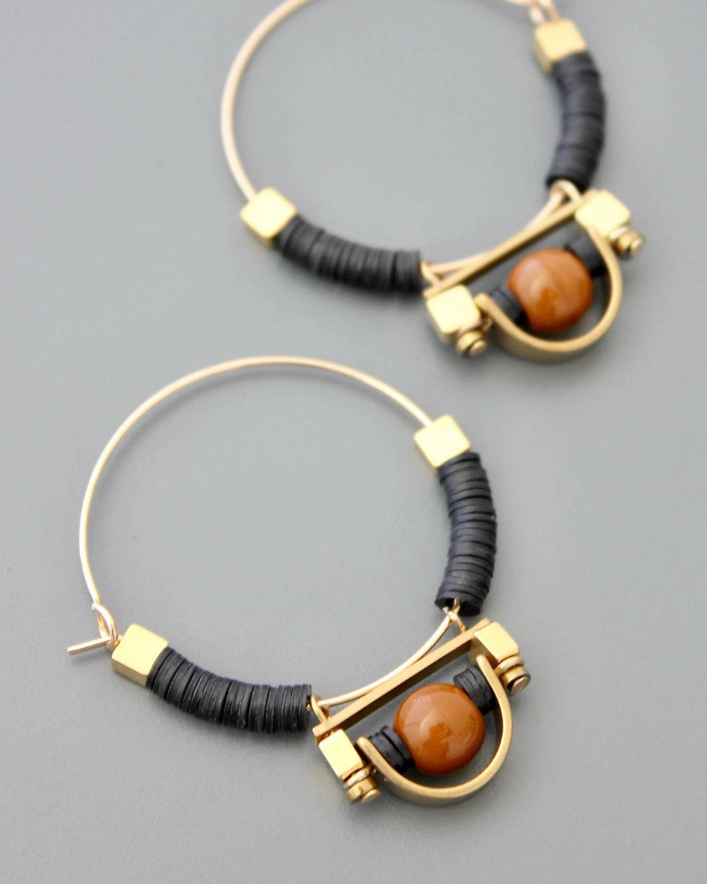 Black Disc & Amber Glass Hoop Earrings