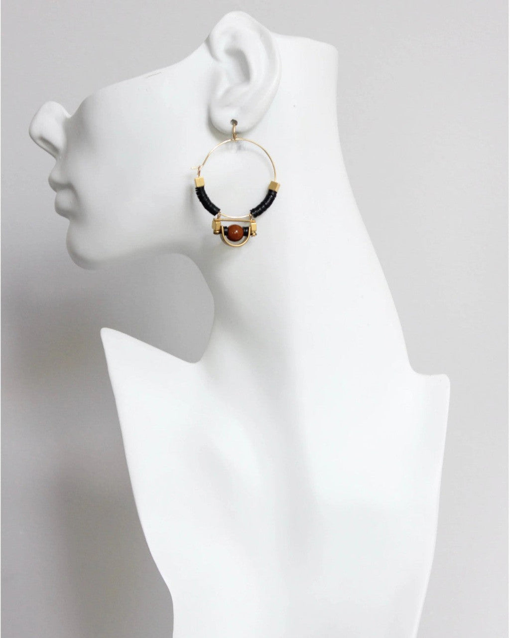 Black Disc & Amber Glass Hoop Earrings