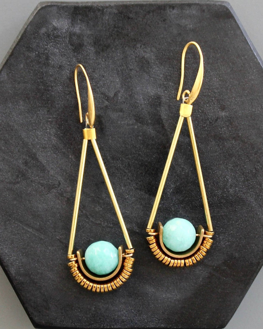 Amazonite Sphere Drop Earrings in Long Gold Triangle