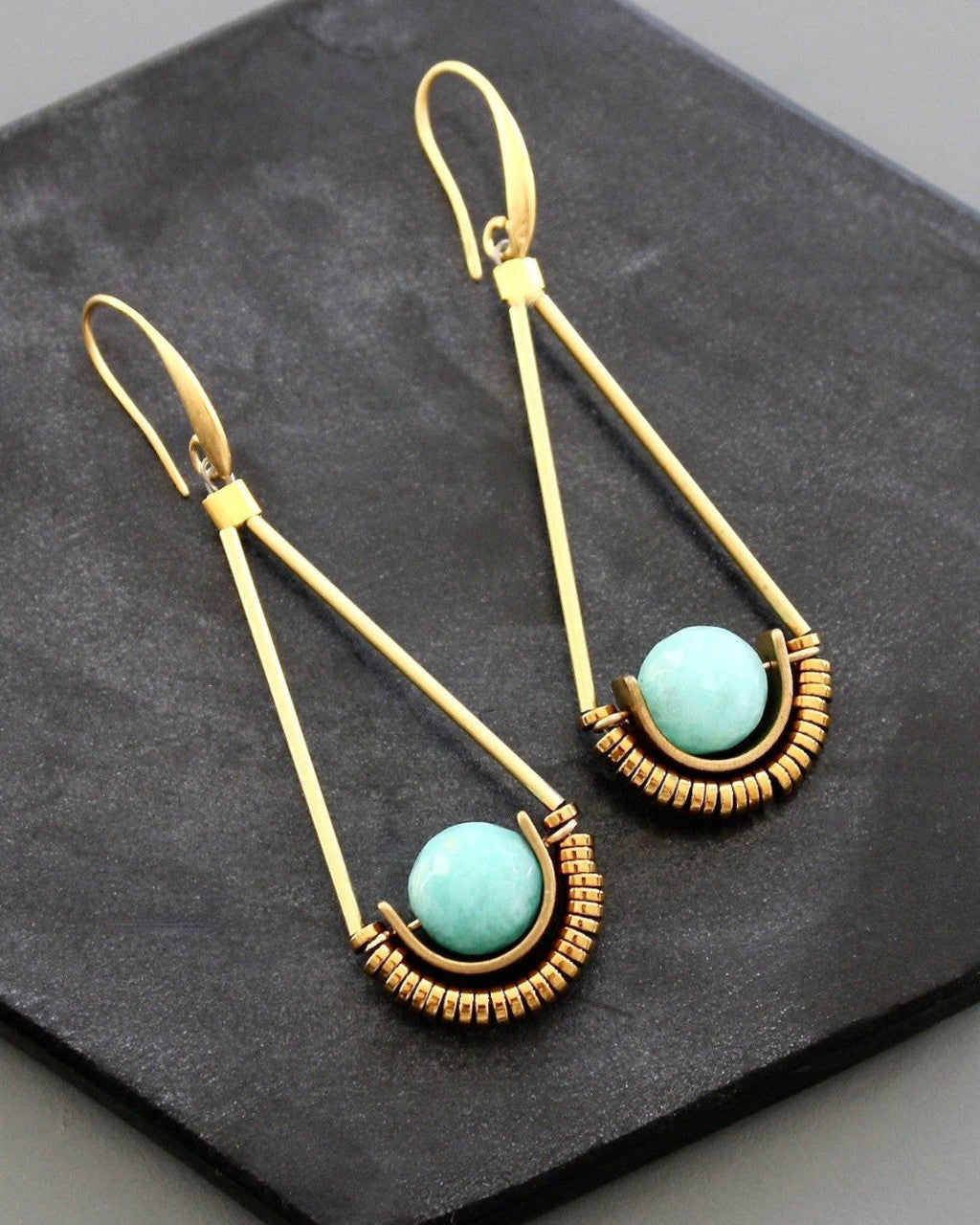 Amazonite Sphere Drop Earrings in Long Gold Triangle