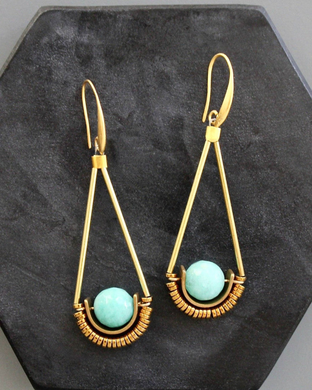 Amazonite Sphere Drop Earrings in Long Gold Triangle