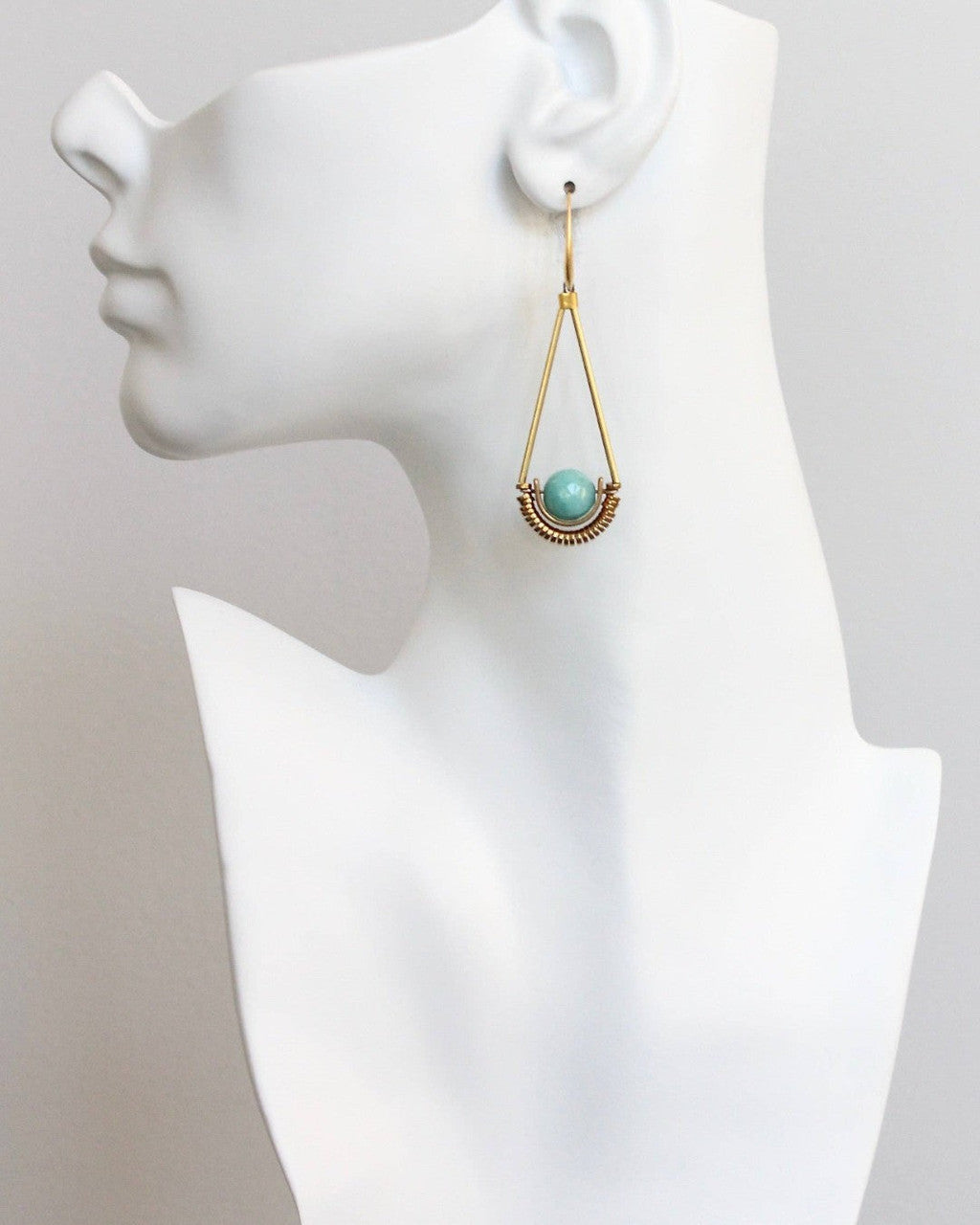 Amazonite Sphere Drop Earrings in Long Gold Triangle