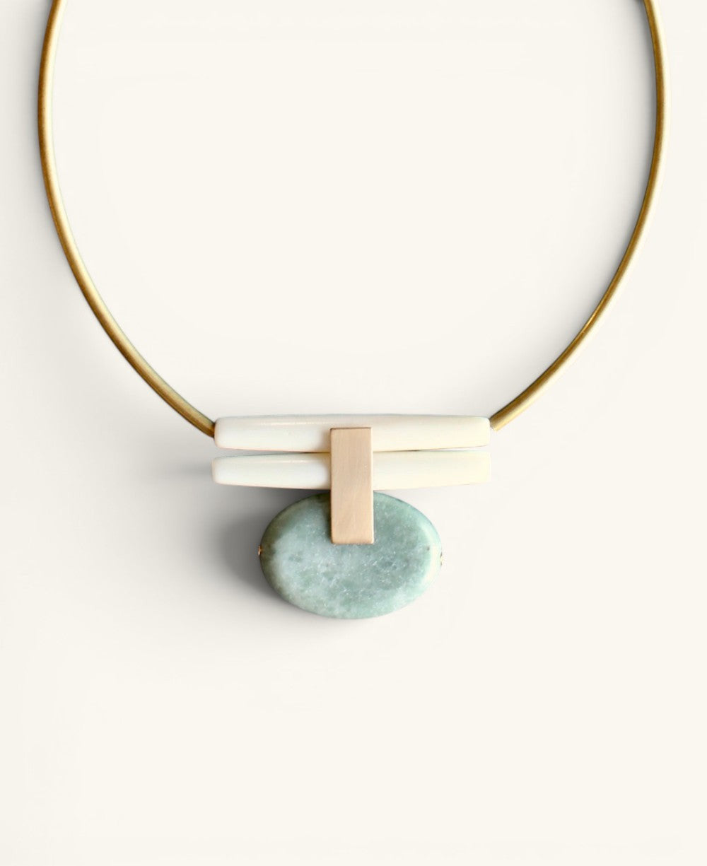 Stacked Bar Collar Necklace with Green Jasper Oval