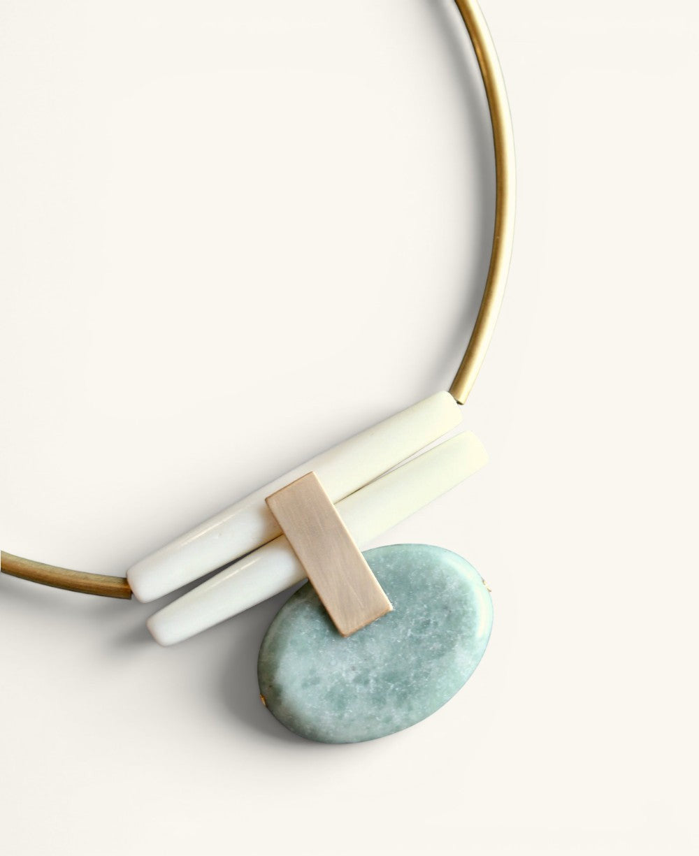 Stacked Bar Collar Necklace with Green Jasper Oval