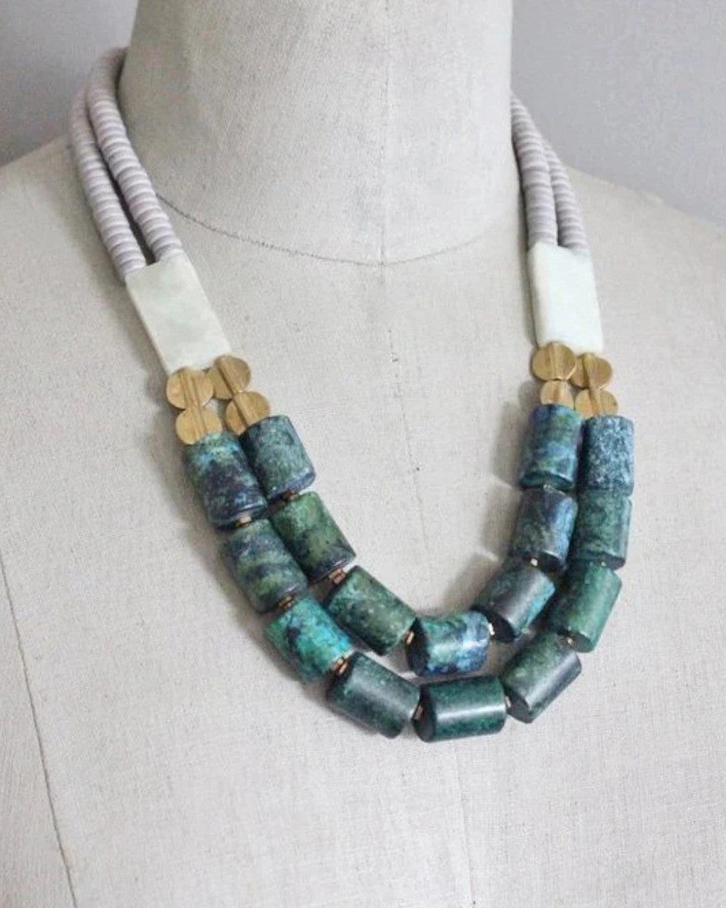 Color-Blocked Double-Strand Necklace in Green Magnesite and Turquoise