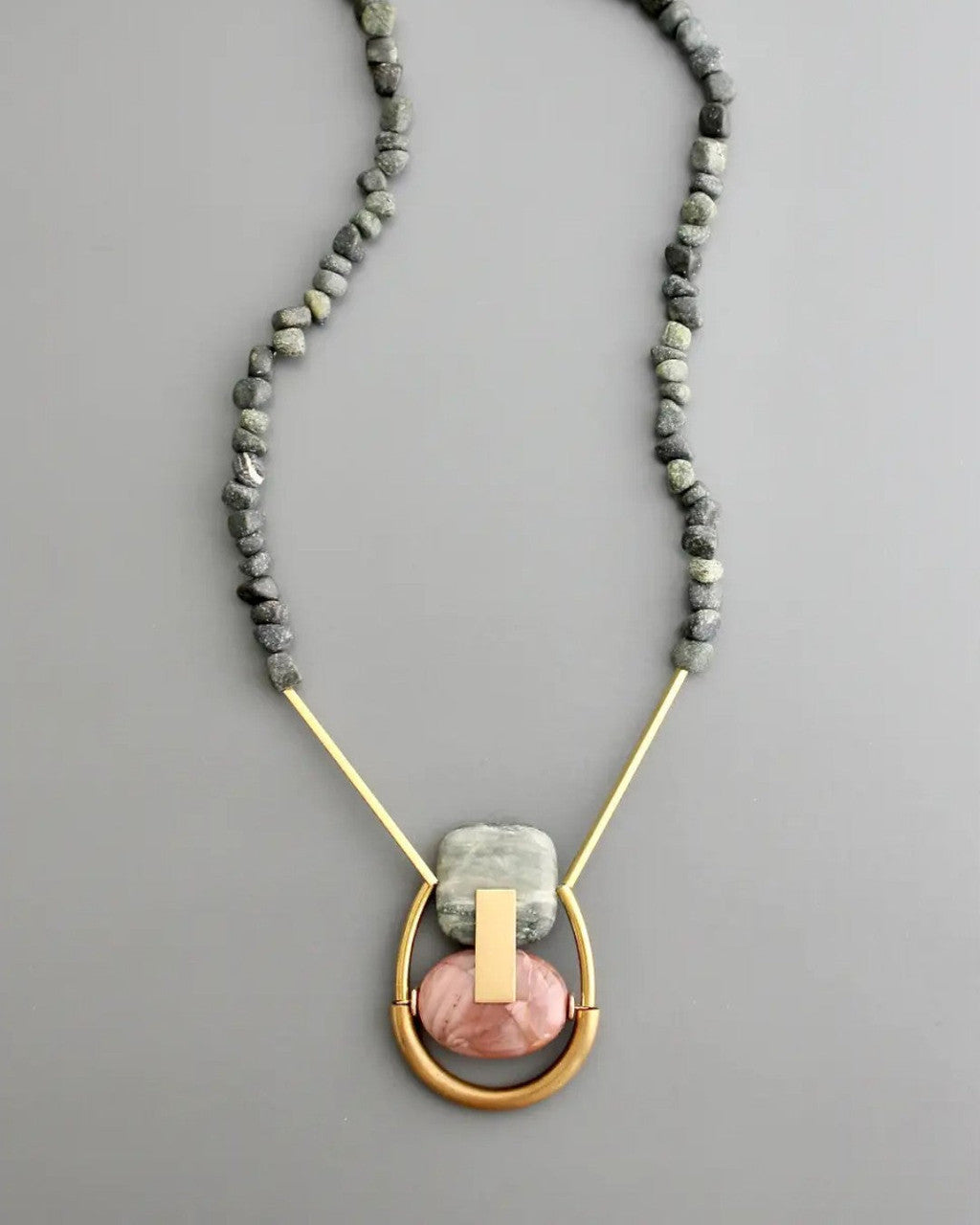 Sculptural Brass Oval Pendant, Rose and Sage Stone