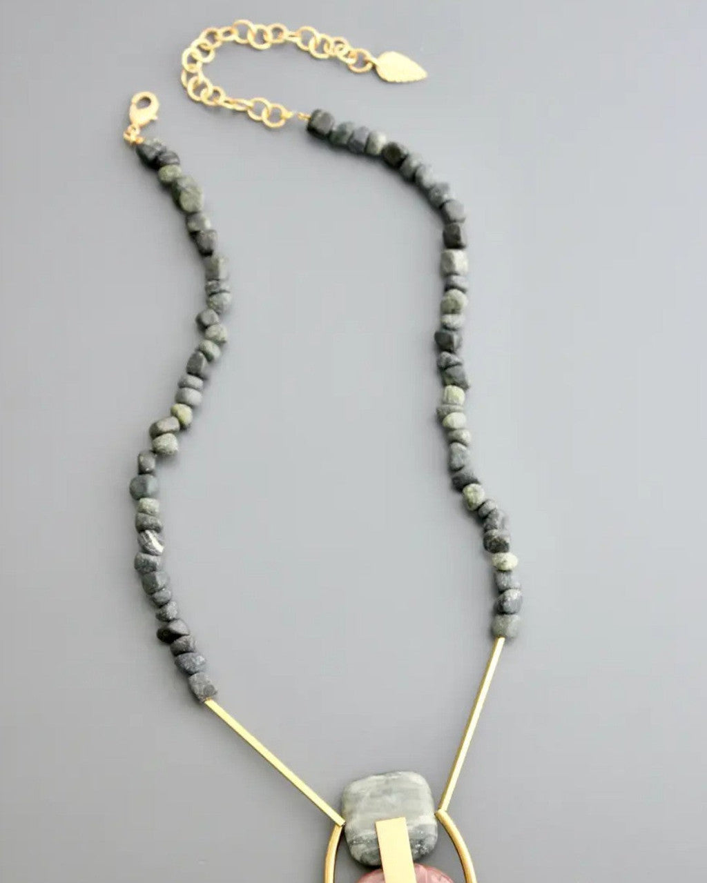 Sculptural Brass Oval Pendant, Rose and Sage Stone