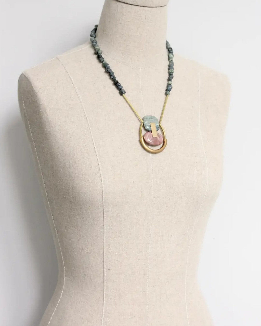 Sculptural Brass Oval Pendant, Rose and Sage Stone