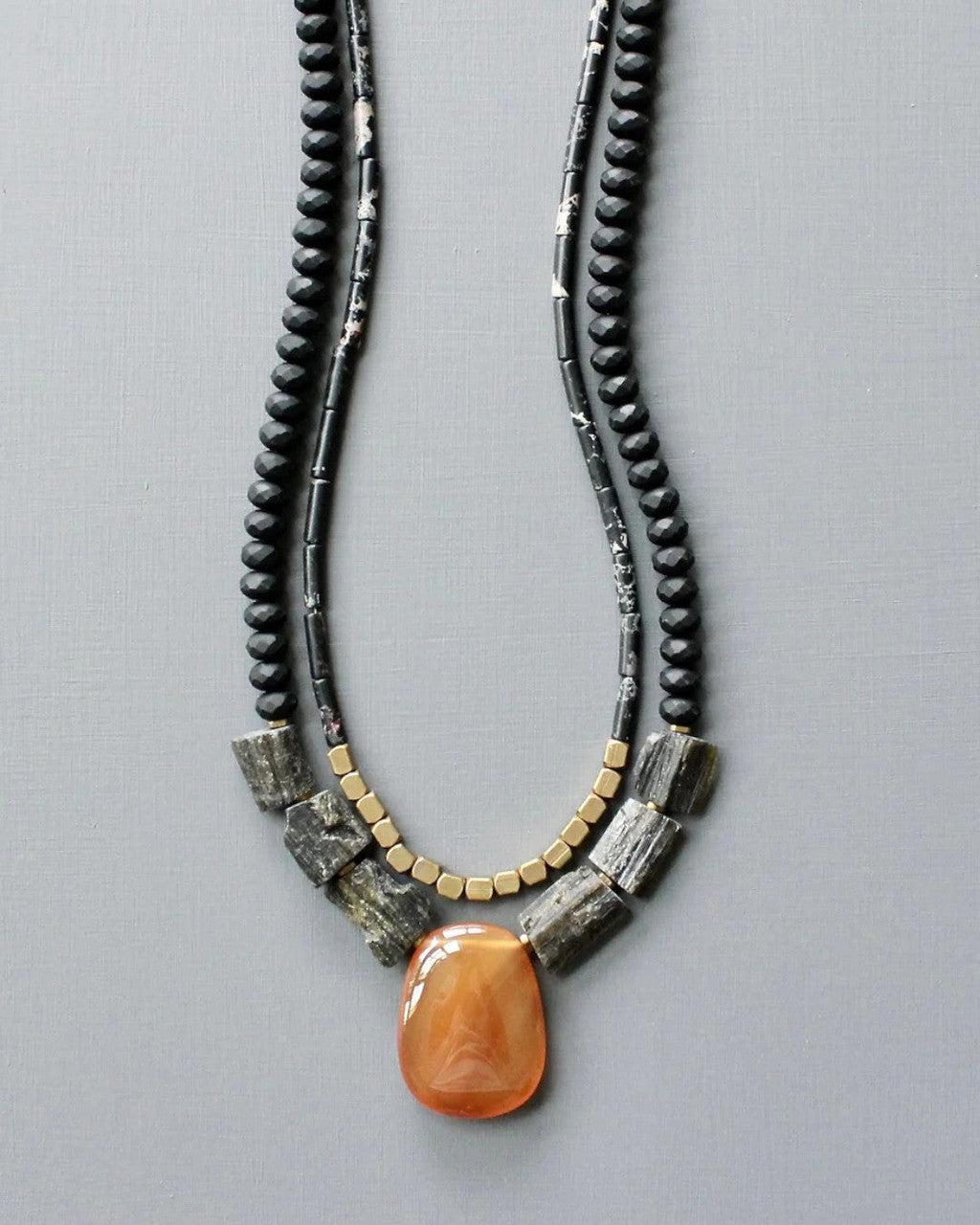 Double-Strand Necklace with Carnelian-Orange Agate Pendant