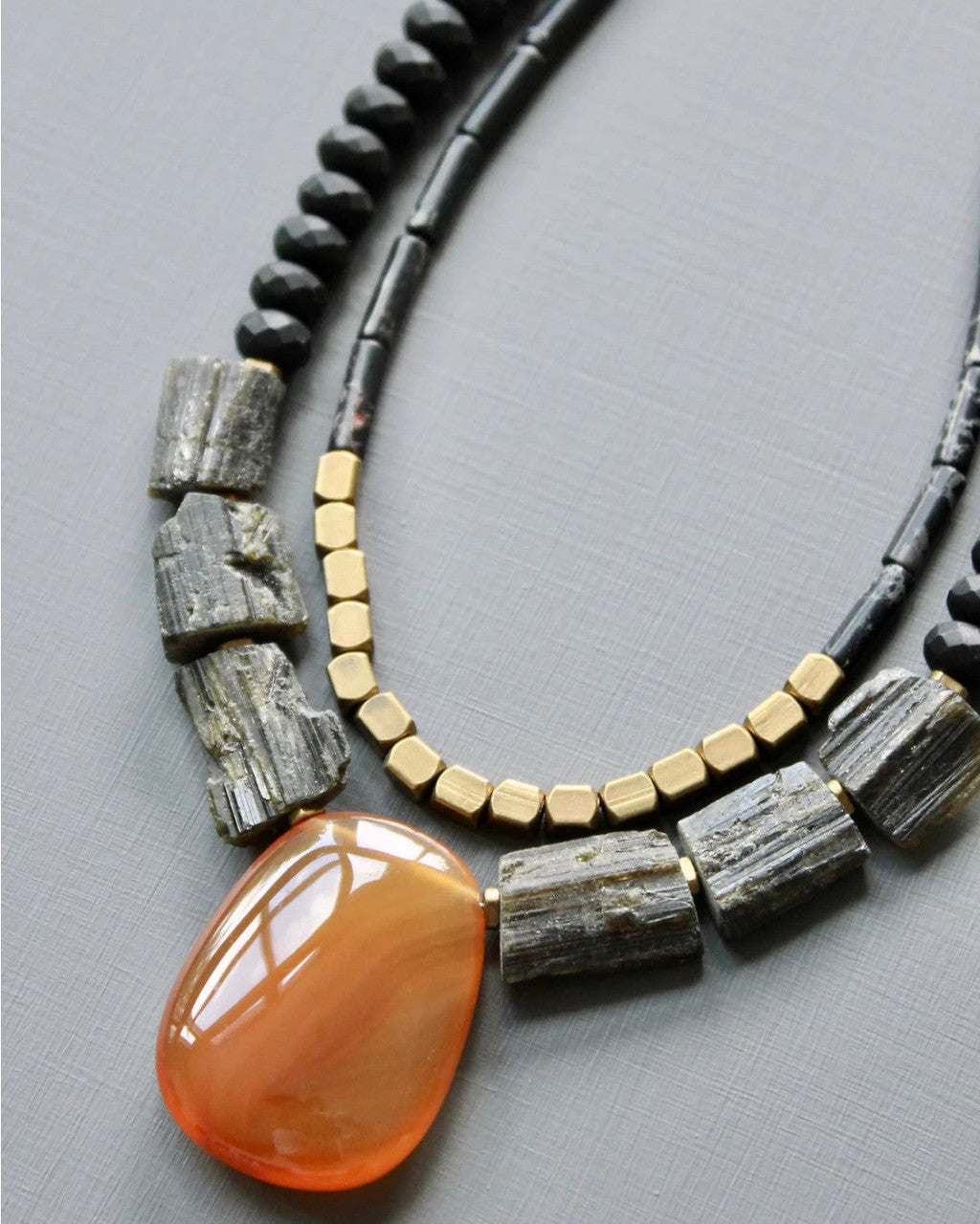 Double-Strand Necklace with Carnelian-Orange Agate Pendant