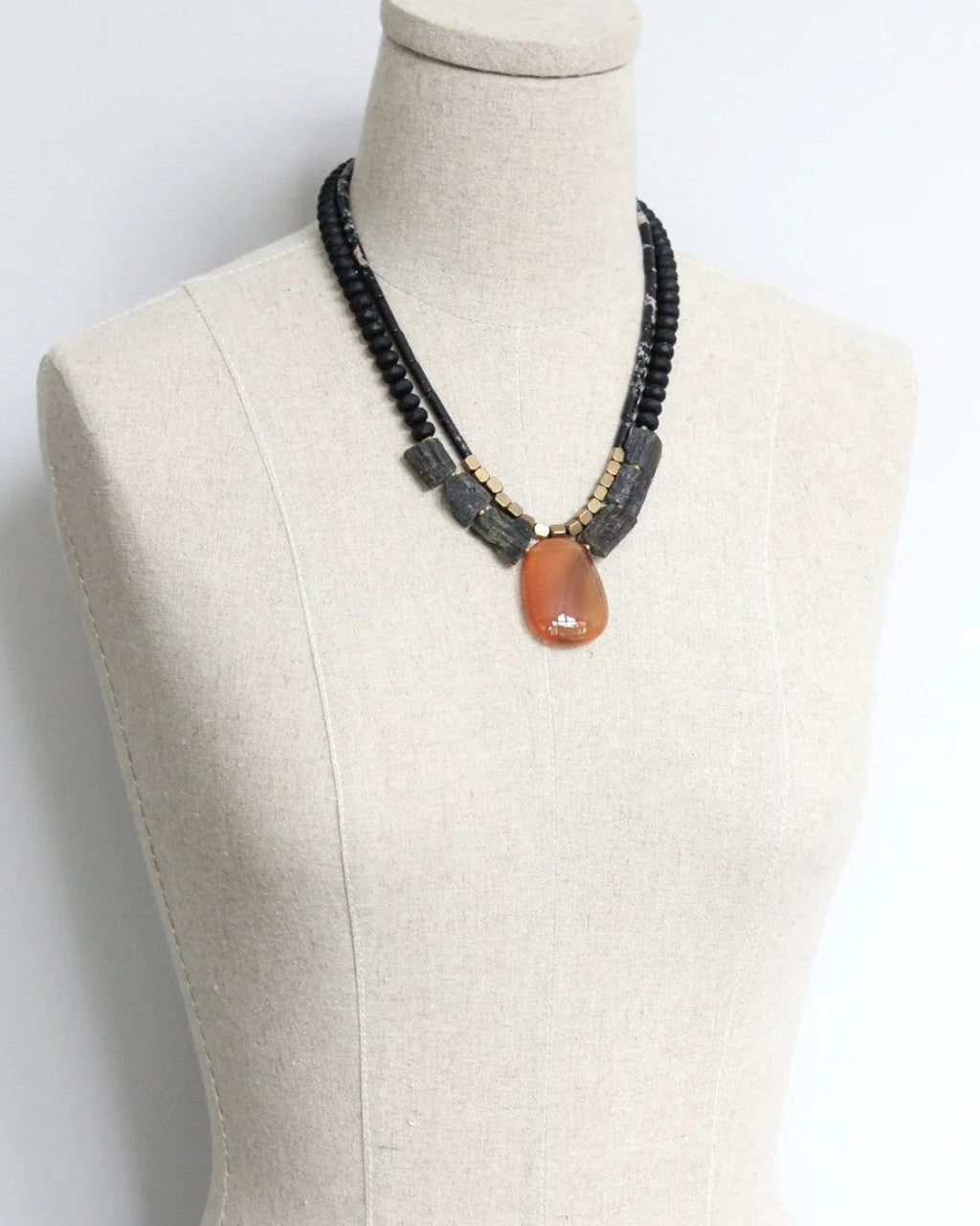Double-Strand Necklace with Carnelian-Orange Agate Pendant