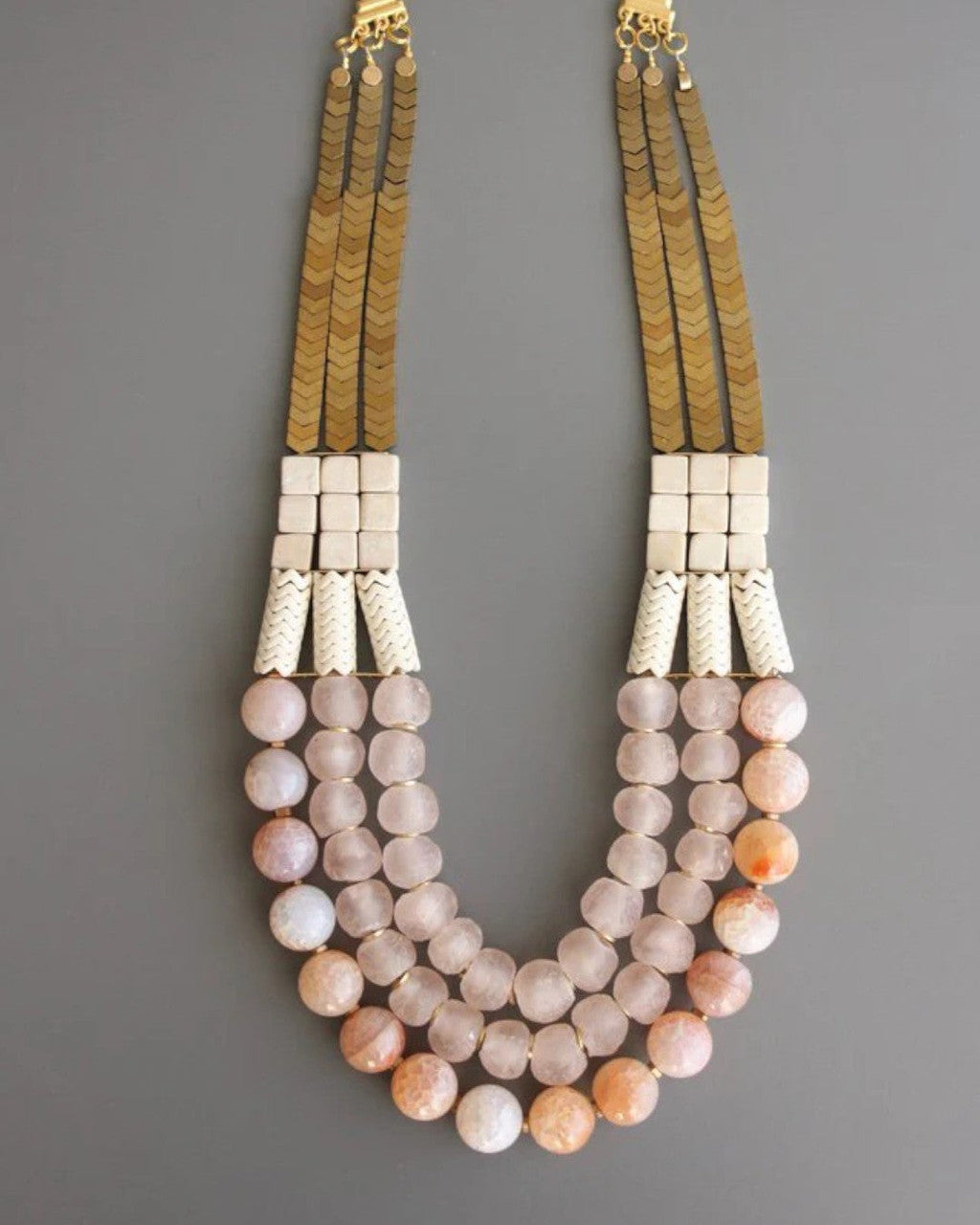Graduated Fire Agate Necklace with Brass Chevron Fringe