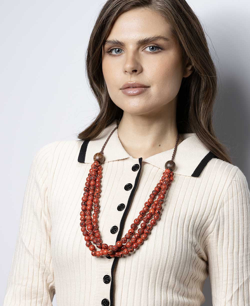 Three-Strand Speckled Bead Necklace with Wood Gathers