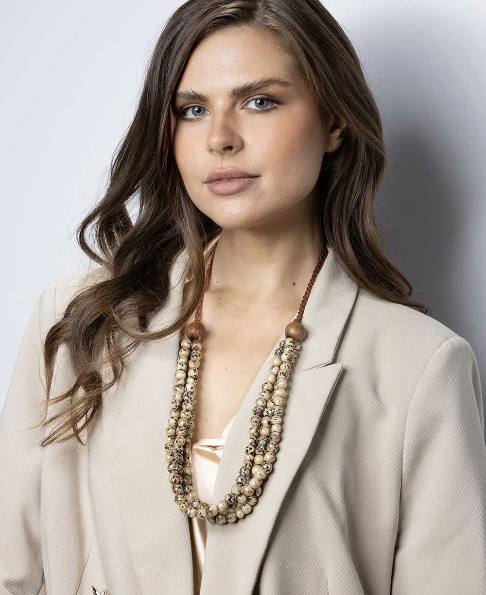 Three-Strand Speckled Bead Necklace with Wood Gathers