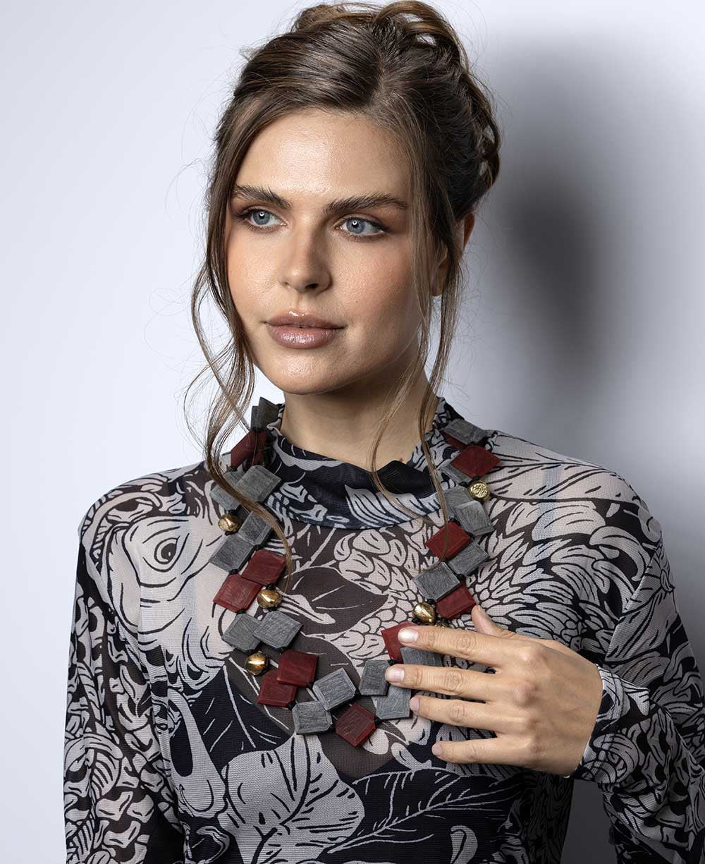 Deep Red and Gray Diamond-Set Horn Necklace