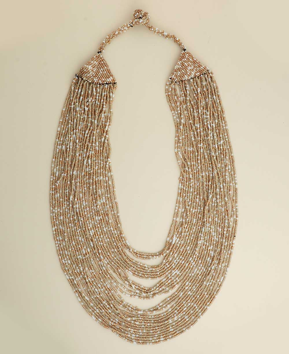 Cascading Multi-Strand Seed Bead Necklace in Beige and Gold