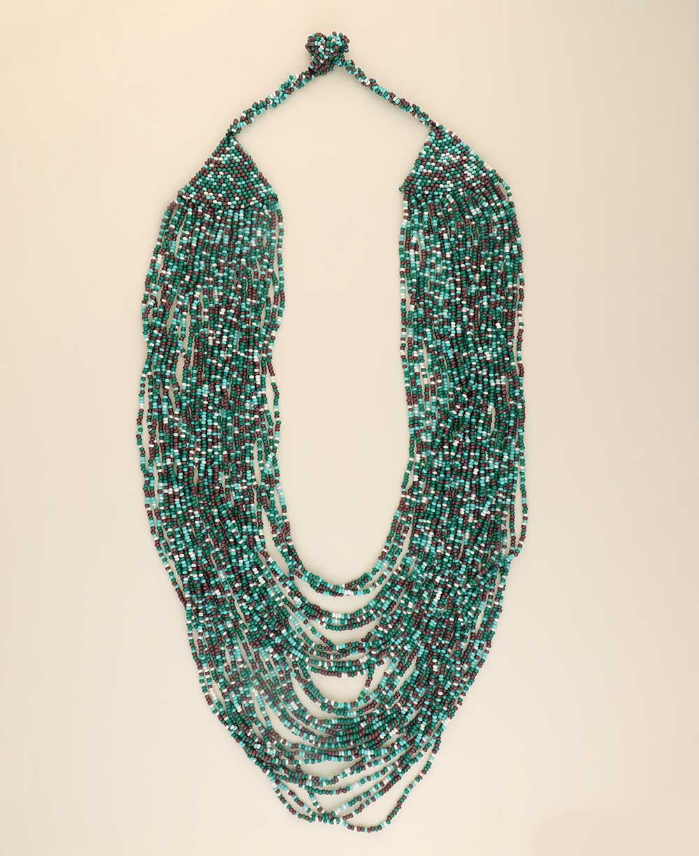 Cascading Seed-Bead Bib Necklace in Teal and Turquoise