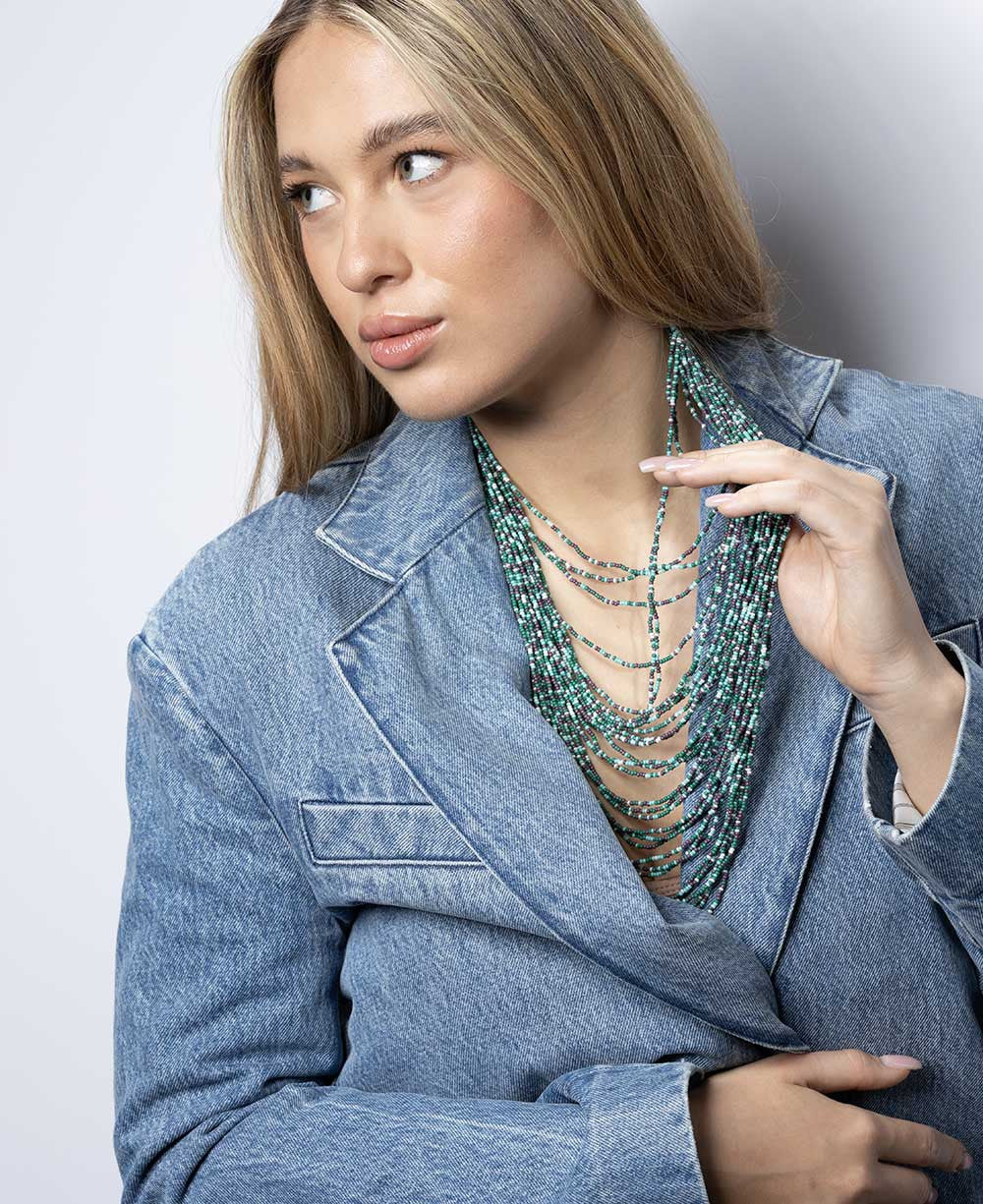 Cascading Seed-Bead Bib Necklace in Teal and Turquoise