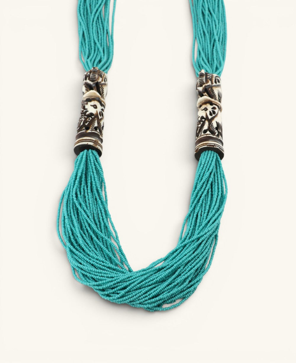 Turquoise Seed Bead Necklace with Carved Bone Elephants