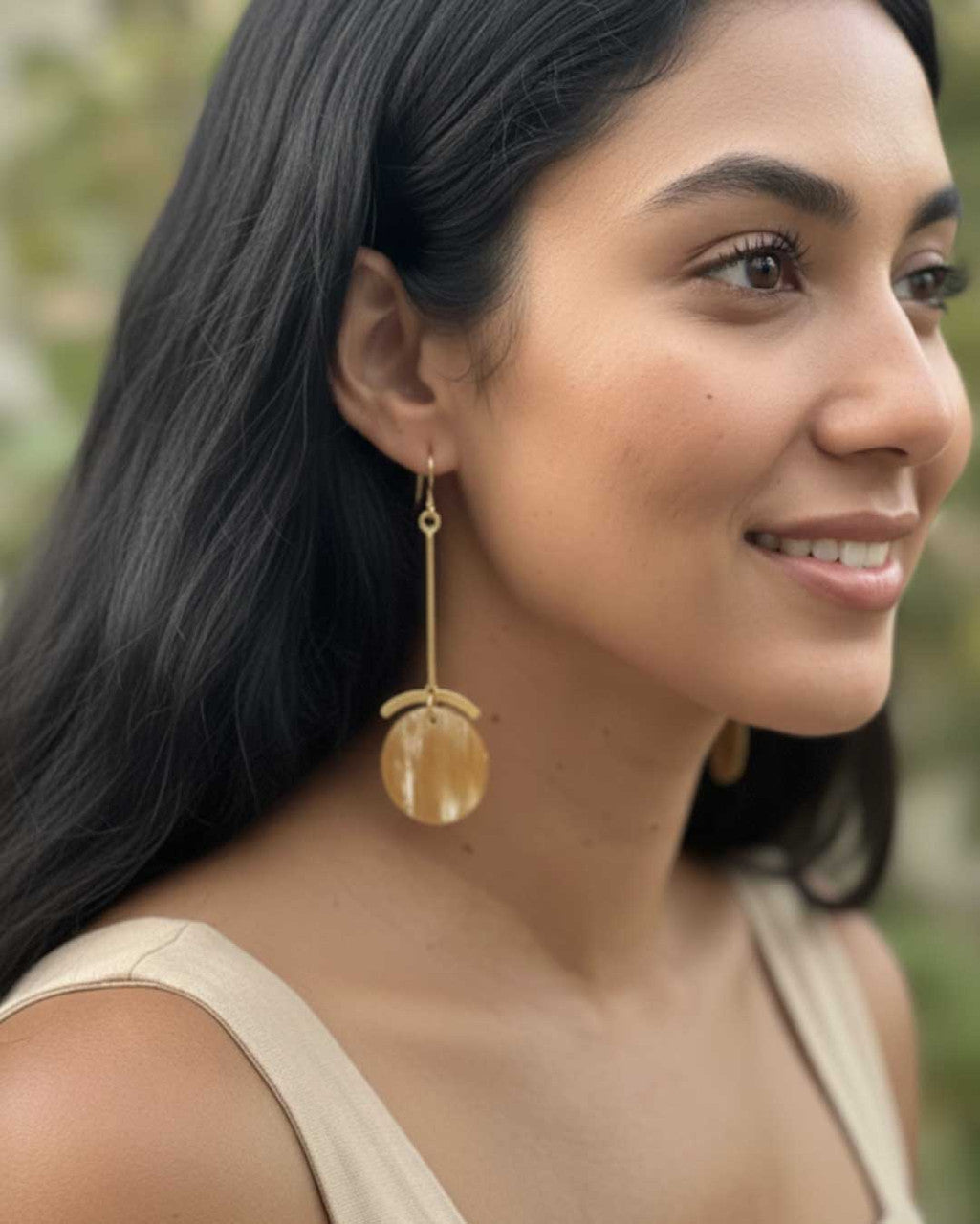 Long Brass Bar Earrings with Honey Horn Discs