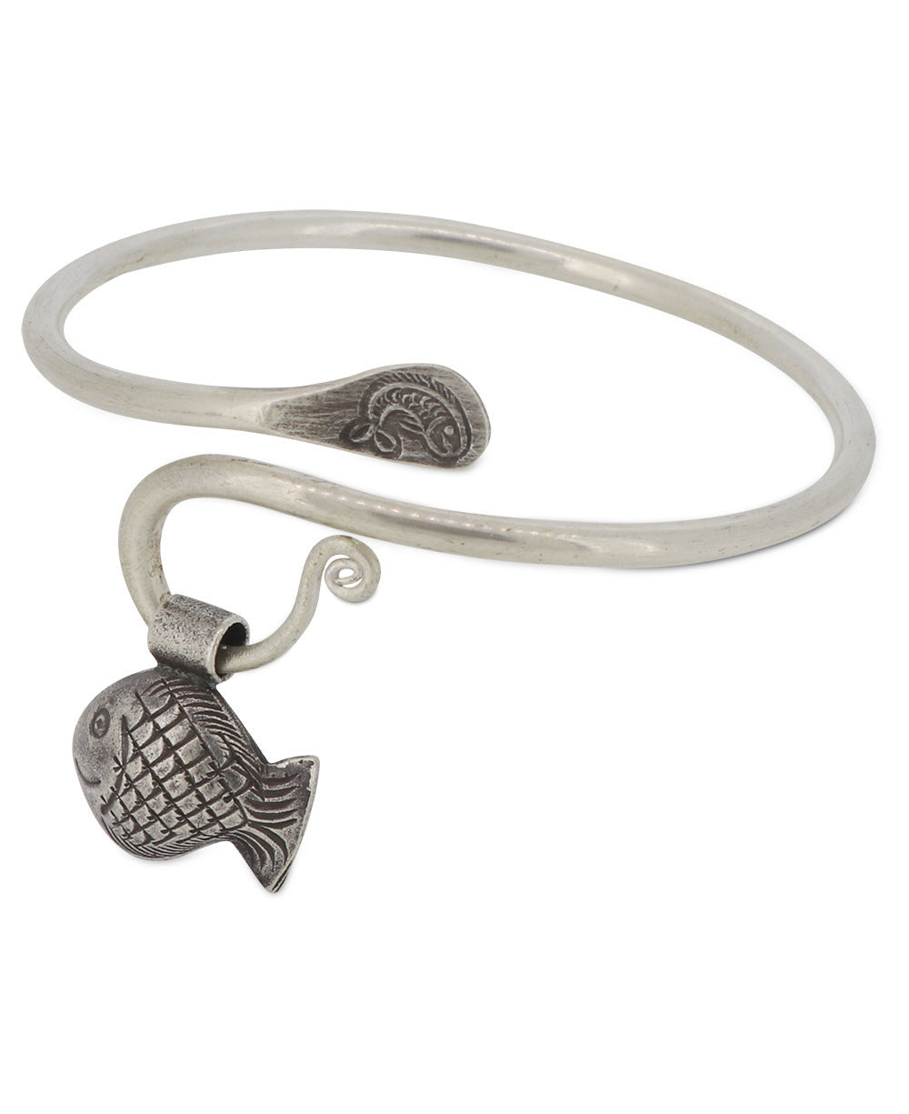 Silver Fish Charm Open Cuff Bracelet
