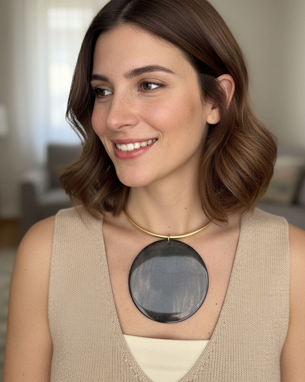 Horn Disc Pendant on Brass Collar Necklace