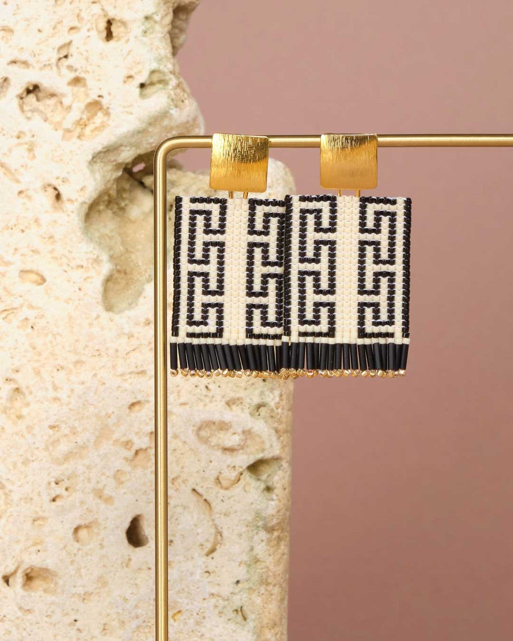 Meander Bead Drop Earrings, Black and Cream