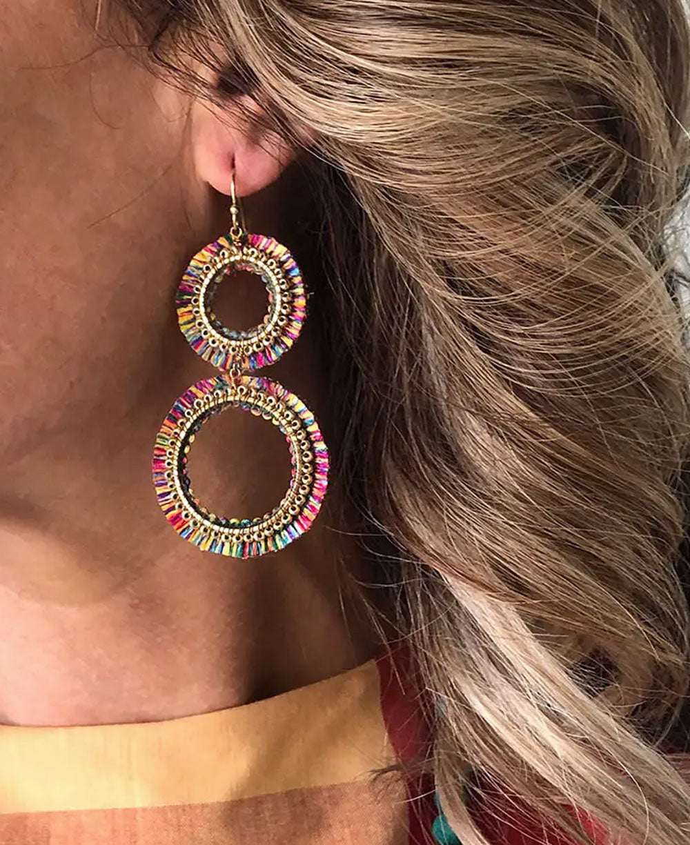 Rainbow-Thread Double Hoop Earrings, Gold-Bead Trim